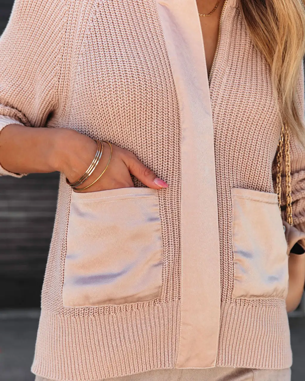 Looking Like A Million Knit Pocketed Satin Zip Up Sweater - Taupe - FINAL SALE 2 Looking Like A Million Knit Pocketed Satin Zip Up Sweater - Taupe - FINAL SALE - Image 2