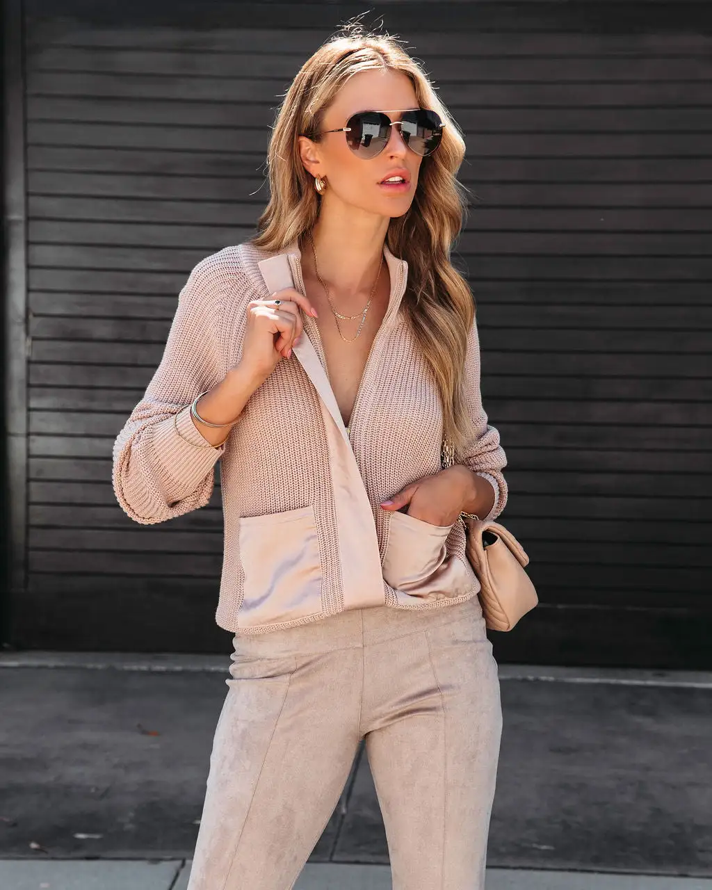 Looking Like A Million Knit Pocketed Satin Zip Up Sweater - Taupe - FINAL SALE 5 Looking Like A Million Knit Pocketed Satin Zip Up Sweater - Taupe - FINAL SALE - Image 5