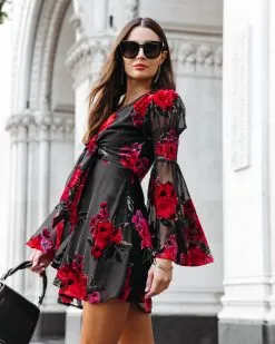 Love Like This Burnout Velvet Bell Sleeve Mini Dress - FINAL SALE -clothes Sales lovelikethisburnoutvelvetbellsleeveminidress209