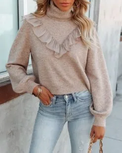 Lyric Ruffle Crop Turtleneck Sweater - Taupe - FINAL SALE