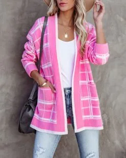 Madi Pocketed Plaid Knit Cardigan - Pink - FINAL SALE -clothes Sales madipocketedplaidknitcardiganpink20