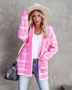 Madi Pocketed Plaid Knit Cardigan - Pink - FINAL SALE -clothes Sales madipocketedplaidknitcardiganpink27