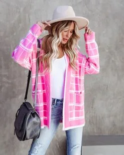Madi Pocketed Plaid Knit Cardigan - Pink - FINAL SALE -clothes Sales madipocketedplaidknitcardiganpink30