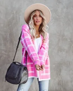 Madi Pocketed Plaid Knit Cardigan - Pink - FINAL SALE