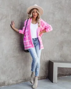Madi Pocketed Plaid Knit Cardigan - Pink - FINAL SALE -clothes Sales madipocketedplaidknitcardiganpink41