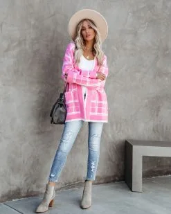 Madi Pocketed Plaid Knit Cardigan - Pink - FINAL SALE -clothes Sales madipocketedplaidknitcardiganpink6
