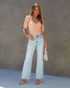 SKYL-002 Marybeth Textured Ruched Puff Sleeve Bodysuit - Peach 11 SKYL-002 Marybeth Textured Ruched Puff Sleeve Bodysuit - Peach -clothes Sales marybethtexturedruchedpuffsleevebodysuitpeach1