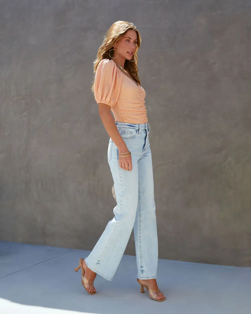 SKYL-002 Marybeth Textured Ruched Puff Sleeve Bodysuit - Peach 5 SKYL-002 Marybeth Textured Ruched Puff Sleeve Bodysuit - Peach - Image 5