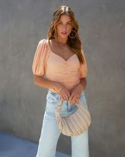 SKYL-002 Marybeth Textured Ruched Puff Sleeve Bodysuit - Peach