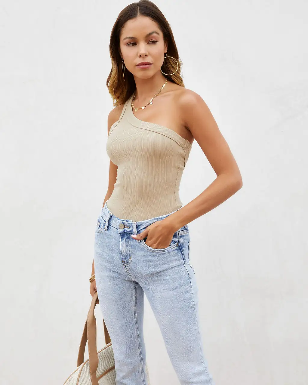 FORE-001 Maverick Ribbed One Shoulder Bodysuit - Taupe 7 FORE-001 Maverick Ribbed One Shoulder Bodysuit - Taupe - Image 7