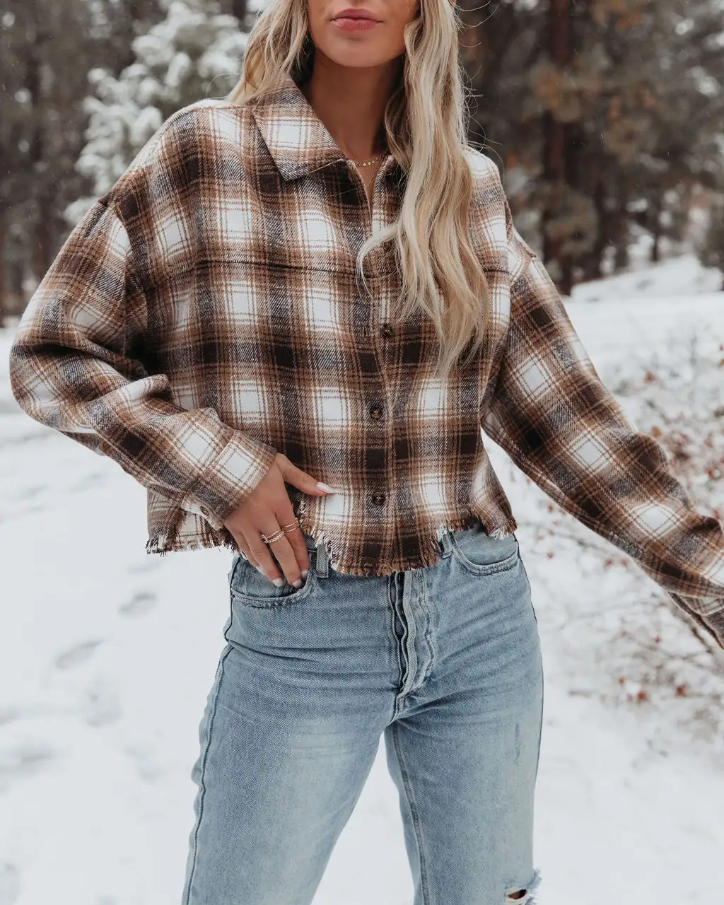 ACOA-001 Merlin Cropped Button Down Plaid Top - Brown - FINAL SALE 6 ACOA-001 Merlin Cropped Button Down Plaid Top - Brown - FINAL SALE - Image 6