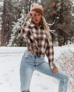 ACOA-001 Merlin Cropped Button Down Plaid Top - Brown - FINAL SALE 16 ACOA-001 Merlin Cropped Button Down Plaid Top - Brown - FINAL SALE -clothes Sales merlincroppedbuttondownplaidtopbrown26