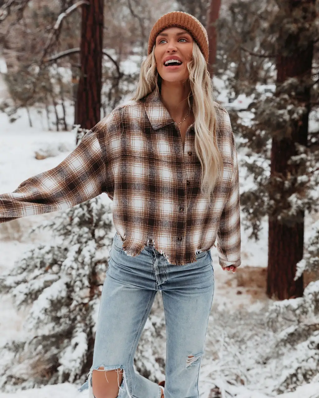 ACOA-001 Merlin Cropped Button Down Plaid Top - Brown - FINAL SALE 1 ACOA-001 Merlin Cropped Button Down Plaid Top - Brown - FINAL SALE