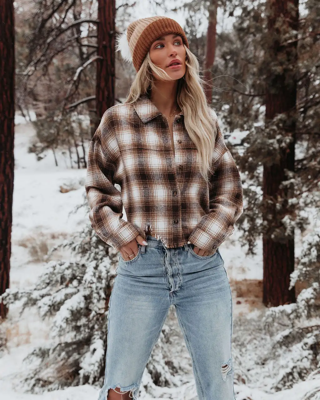 ACOA-001 Merlin Cropped Button Down Plaid Top - Brown - FINAL SALE 10 ACOA-001 Merlin Cropped Button Down Plaid Top - Brown - FINAL SALE - Image 10