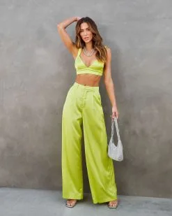 IDEM-001 Miami Nights Satin Pocketed Wide Leg Pants - Lime 12 IDEM-001 Miami Nights Satin Pocketed Wide Leg Pants - Lime -clothes Sales miaminightssatinscrunchstrapcroptoplimeandpants 112