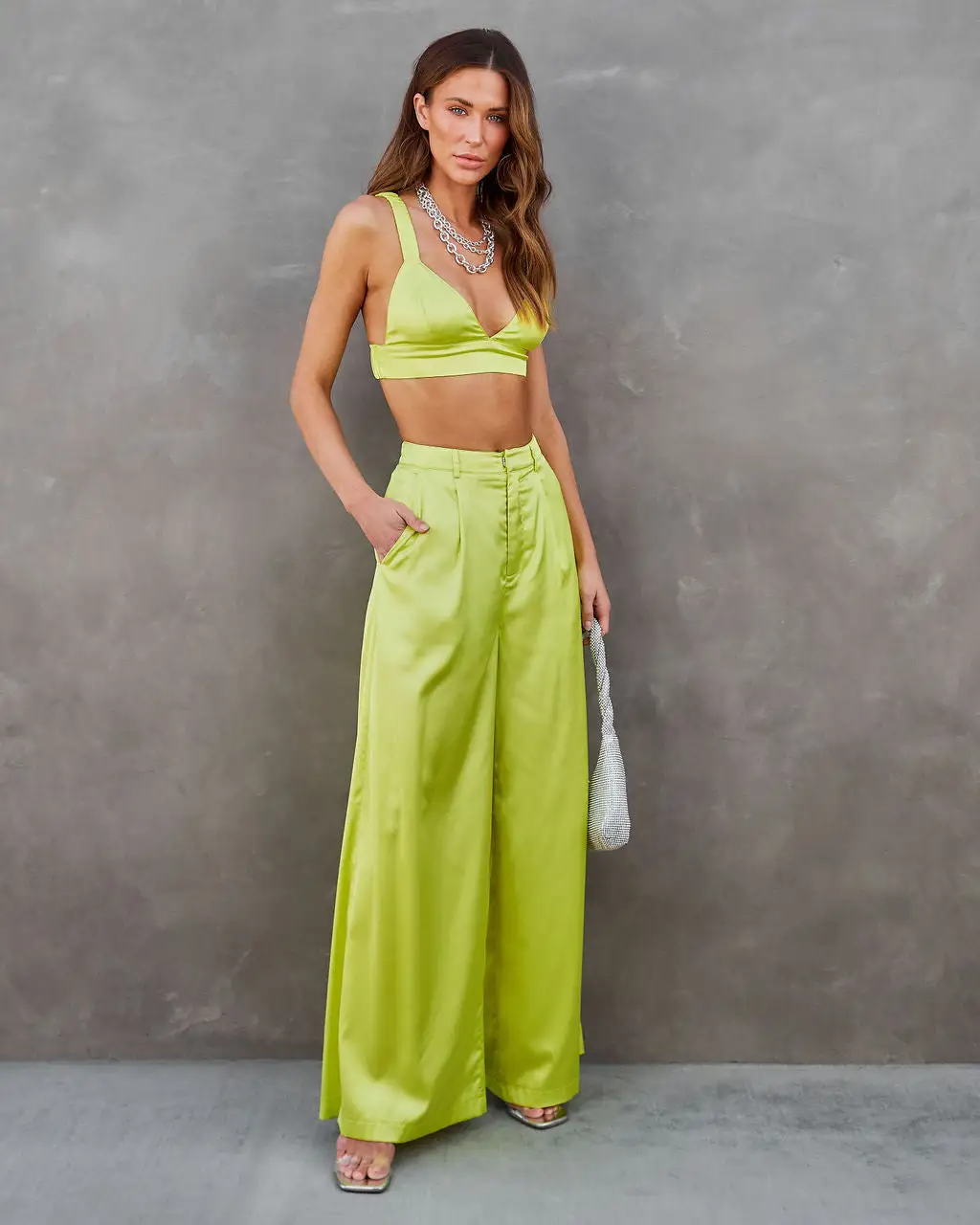 IDEM-001 Miami Nights Satin Pocketed Wide Leg Pants - Lime 5 IDEM-001 Miami Nights Satin Pocketed Wide Leg Pants - Lime - Image 5