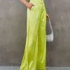 IDEM-001 Miami Nights Satin Pocketed Wide Leg Pants - Lime