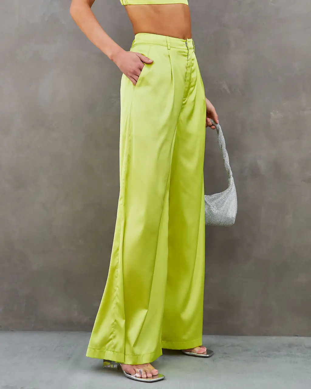 IDEM-001 Miami Nights Satin Pocketed Wide Leg Pants - Lime 1 IDEM-001 Miami Nights Satin Pocketed Wide Leg Pants - Lime