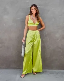 IDEM-001 Miami Nights Satin Pocketed Wide Leg Pants - Lime 9 IDEM-001 Miami Nights Satin Pocketed Wide Leg Pants - Lime -clothes Sales miaminightssatinscrunchstrapcroptoplimeandpants 6