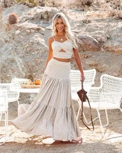 MABL-001 Mirabel Gingham Tiered Maxi Skirt - Taupe - LAST CHANCE -clothes Sales mirabelginghamtwistfrontcroptopandmaxiskirttaupe619