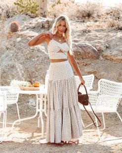 MABL-001 Mirabel Gingham Tiered Maxi Skirt - Taupe - LAST CHANCE