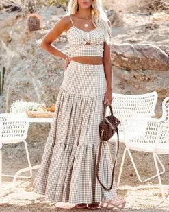 MABL-001 Mirabel Gingham Tiered Maxi Skirt - Taupe - LAST CHANCE -clothes Sales mirabelginghamtwistfrontcroptopandmaxiskirttaupe725