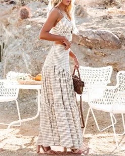 MABL-001 Mirabel Gingham Tiered Maxi Skirt - Taupe - LAST CHANCE -clothes Sales mirabelginghamtwistfrontcroptopandmaxiskirttaupe731