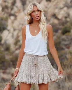 AAKA-001 Misted Moon Floral Ruffle Mini Skirt - Sand - FINAL SALE