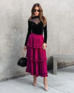 ENDL-001 Nasreen Plisse Chiffon Tiered Maxi Skirt - Wine - FINAL SALE