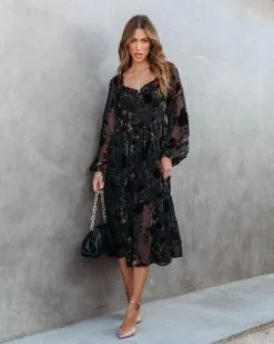Never Forget Me Floral Burnout Velvet Midi Dress - Black - FINAL SALE