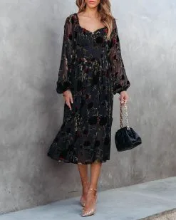 Never Forget Me Floral Burnout Velvet Midi Dress - Black - FINAL SALE -clothes Sales neverforgetmefloralburnoutvelvetmididressblack90