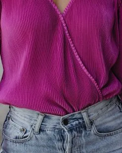 STRU-001 Nissa Plisse Drape Bodysuit - Magenta - SALE -clothes Sales nissaplissedrapebodysuitmagenta24