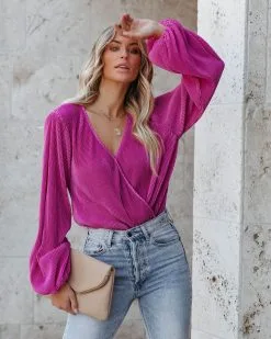 STRU-001 Nissa Plisse Drape Bodysuit - Magenta - SALE -clothes Sales nissaplissedrapebodysuitmagenta38