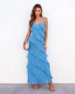 Ocean Waves Tiered Ruffle Maxi Dress - Blue - SALE