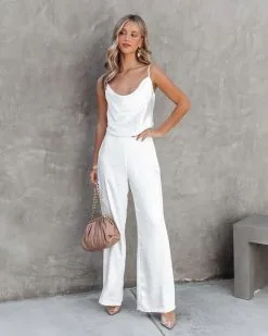 ENDL-001 Olivia Pocketed Satin Wide Leg Pants - White - FINAL SALE