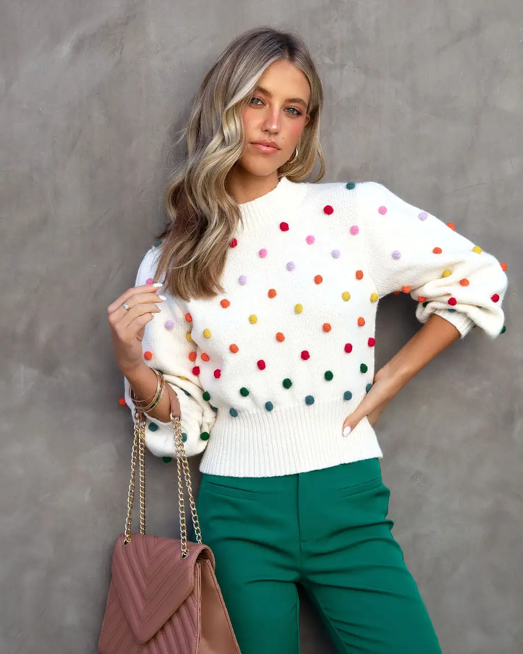 DAVI-001 On The Bright Side Knit Pom Sweater - Cream/Multi - FINAL SALE 6 DAVI-001 On The Bright Side Knit Pom Sweater - Cream/Multi - FINAL SALE - Image 6