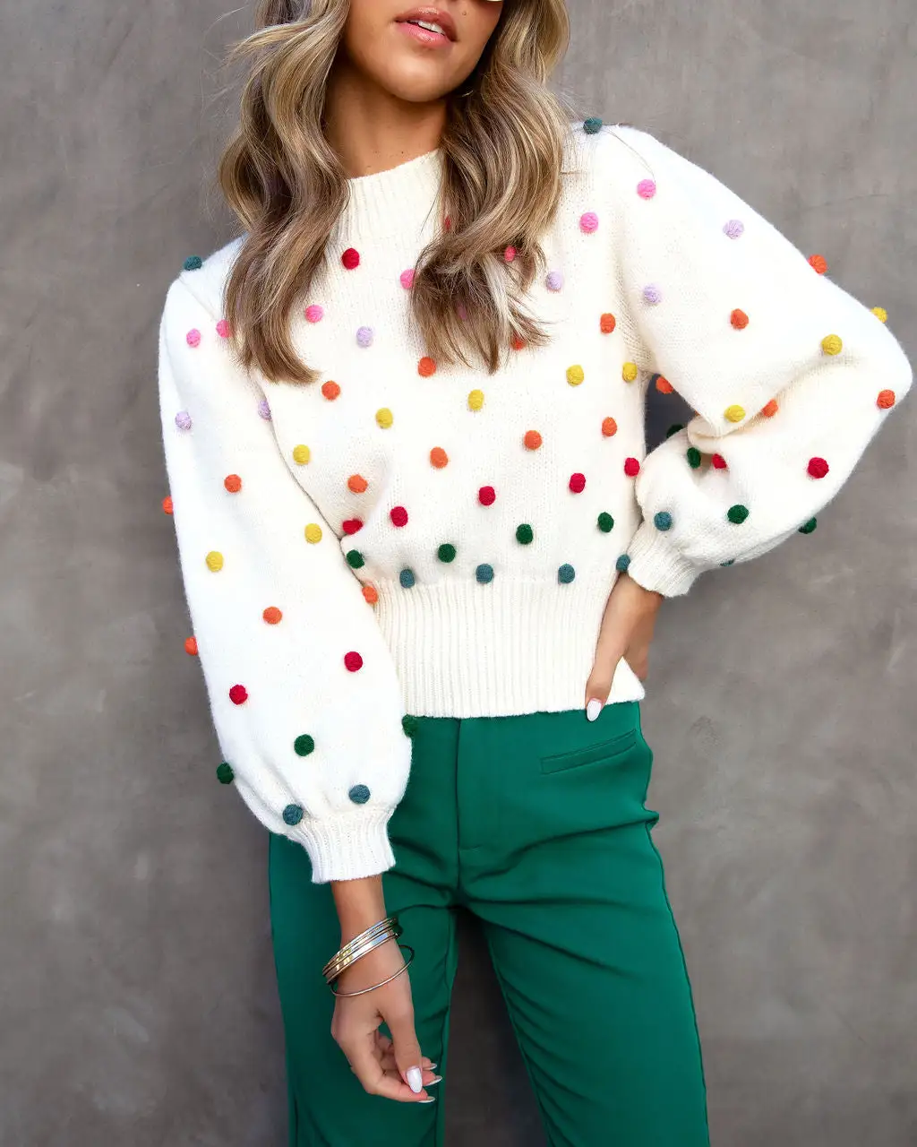 DAVI-001 On The Bright Side Knit Pom Sweater - Cream/Multi - FINAL SALE 2 DAVI-001 On The Bright Side Knit Pom Sweater - Cream/Multi - FINAL SALE - Image 2