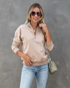 Paigely Cotton Half Zip Pullover - Tan - FINAL SALE -clothes Sales paigelycottonhalfzippullovertan100