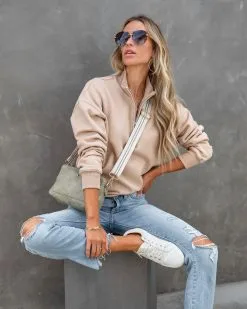 Paigely Cotton Half Zip Pullover - Tan - FINAL SALE -clothes Sales paigelycottonhalfzippullovertan129