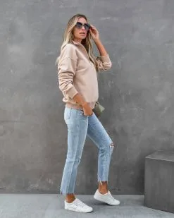 Paigely Cotton Half Zip Pullover - Tan - FINAL SALE -clothes Sales paigelycottonhalfzippullovertan35