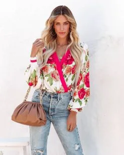 SALT-001 Palm Desert Floral Drape Bodysuit - Ivory - LAST CHANCE