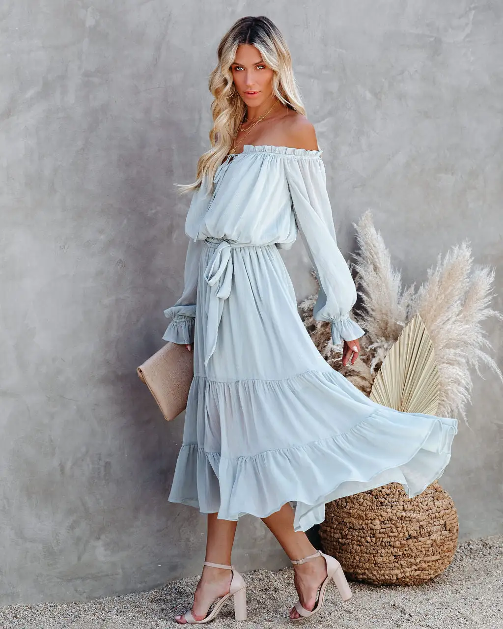 Peacekeeper Off The Shoulder Midi Dress - Soft Sage - FINAL SALE 1 Peacekeeper Off The Shoulder Midi Dress - Soft Sage - FINAL SALE