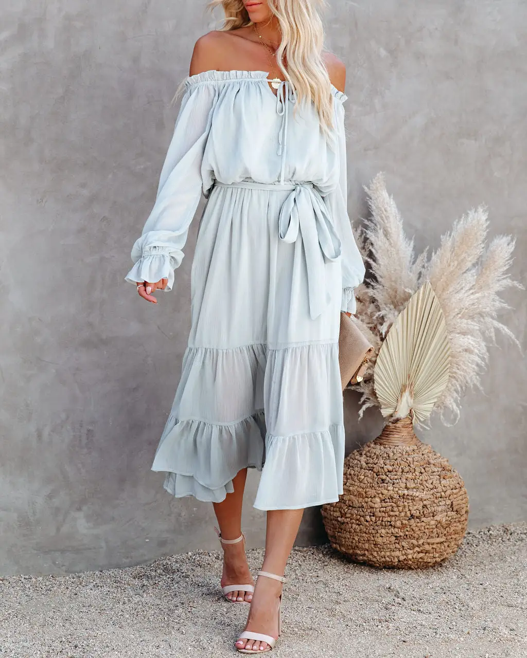 Peacekeeper Off The Shoulder Midi Dress - Soft Sage - FINAL SALE 7 Peacekeeper Off The Shoulder Midi Dress - Soft Sage - FINAL SALE - Image 7