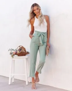 DO+B-001 Point Made High Rise Pocketed Trousers - Sage -clothes Sales pointmadehighrisepocketedtrouserssage72