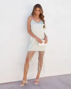 Portugal Satin Fringe Mini Dress - Sage - SALE -clothes Sales portugalsatinfringeminidresssage 10