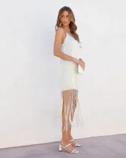 Portugal Satin Fringe Mini Dress - Sage - SALE -clothes Sales portugalsatinfringeminidresssage 24