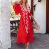 STRU-001 Presidio Embroidered Tassel Midi Dress - Tomato Red - LAST CHANCE