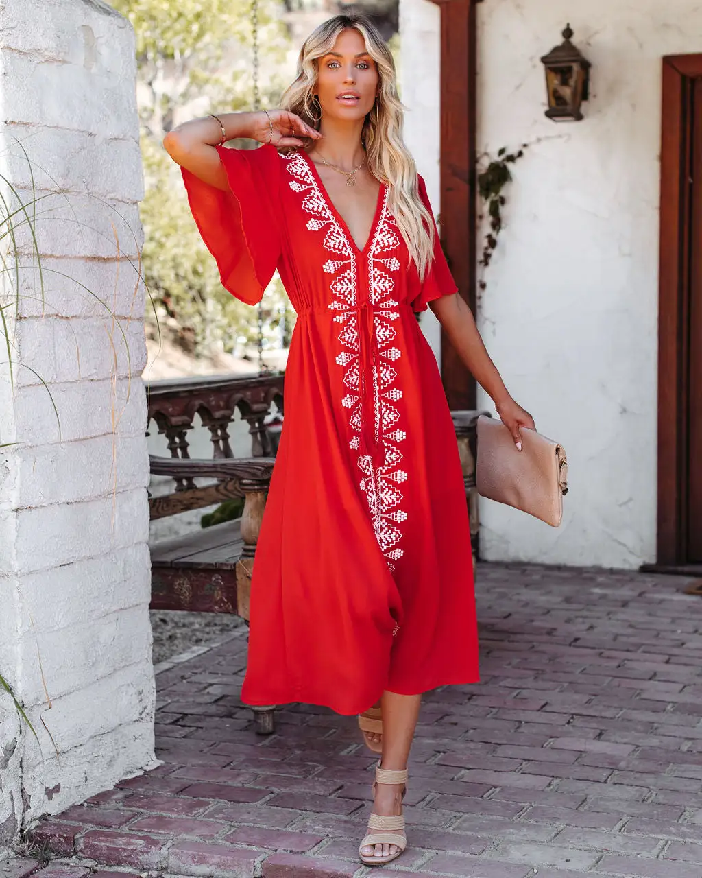 STRU-001 Presidio Embroidered Tassel Midi Dress - Tomato Red - LAST CHANCE 1 STRU-001 Presidio Embroidered Tassel Midi Dress - Tomato Red - LAST CHANCE