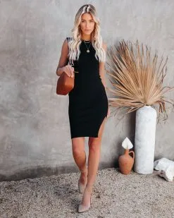 Priscilla Ribbed Knit Bodycon Dress - Black