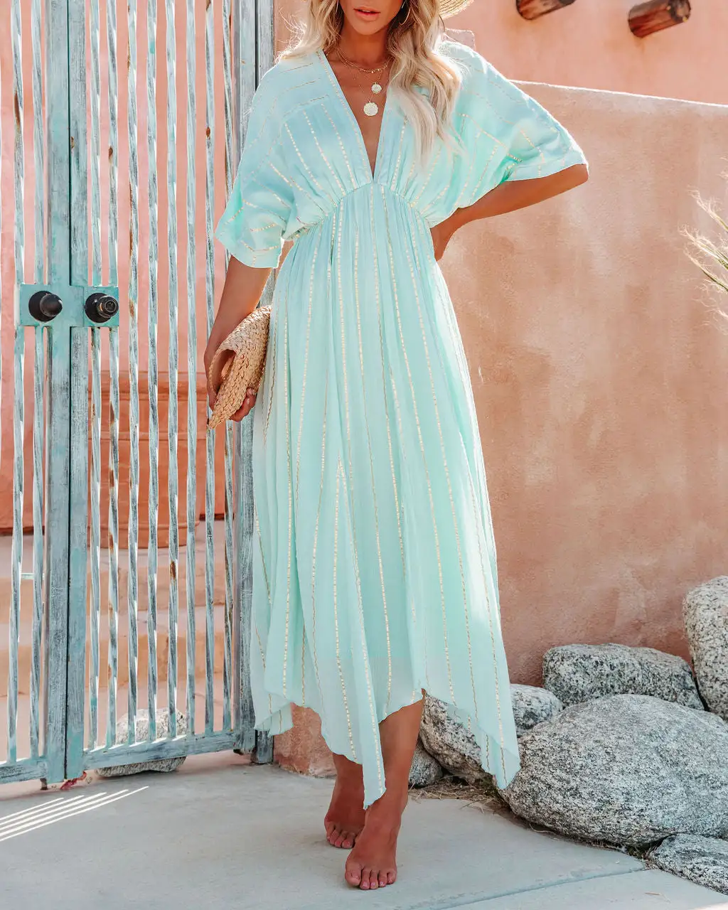 Queenie Woven Shimmer Midi Dress - Mint - FINAL SALE 3 Queenie Woven Shimmer Midi Dress - Mint - FINAL SALE - Image 3